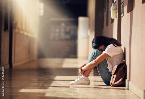 Obraz na płótnie Stress, anxiety and depression of university girl with mental breakdown on campus floor