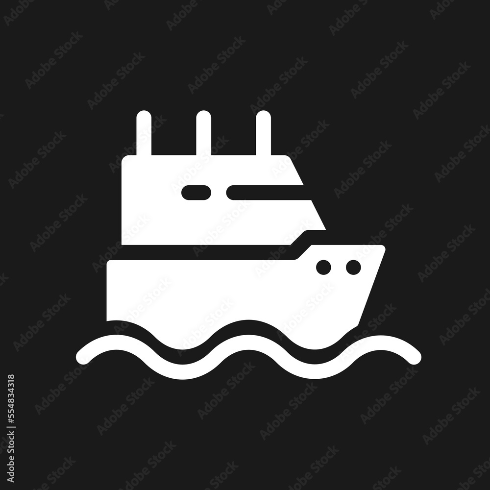 Ferry dark mode glyph ui icon. Boat transporting passengers. User interface design. White silhouette symbol on black space. Solid pictogram for web, mobile. Vector isolated illustration Ferry dark mode glyph ui icon. Boat transporting passengers. User interface design. White silhouette symbol on black space. Solid pictogram for web, mobile. Vector isolated illustration