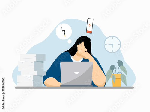 Tired and sad woman working on computer at the office.  Professional burnout concept flat vector illustration. 
