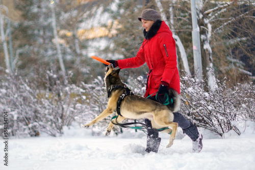 Girl with a young dog on a winter walk. Pet training. Selective focus