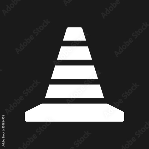 Traffic cone dark mode glyph ui icon. Road parking. Construction site. User interface design. White silhouette symbol on black space. Solid pictogram for web  mobile. Vector isolated illustration