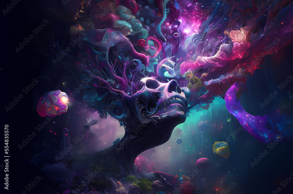 Naklejka premium Fluorescent Dreamy Mystical colorful glowing fantasy world Imagination of start of mind