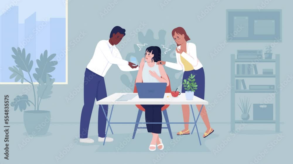 Animated work stress illustration. Panic attack at office. Employee anxiety disorder. Looped flat color 2D cartoon characters animation with office on background. HD video with alpha channel Animated work stress illustration. Panic attack at office. Employee anxiety disorder. Looped flat color 2D cartoon characters animation with office on background. HD video with alpha channel