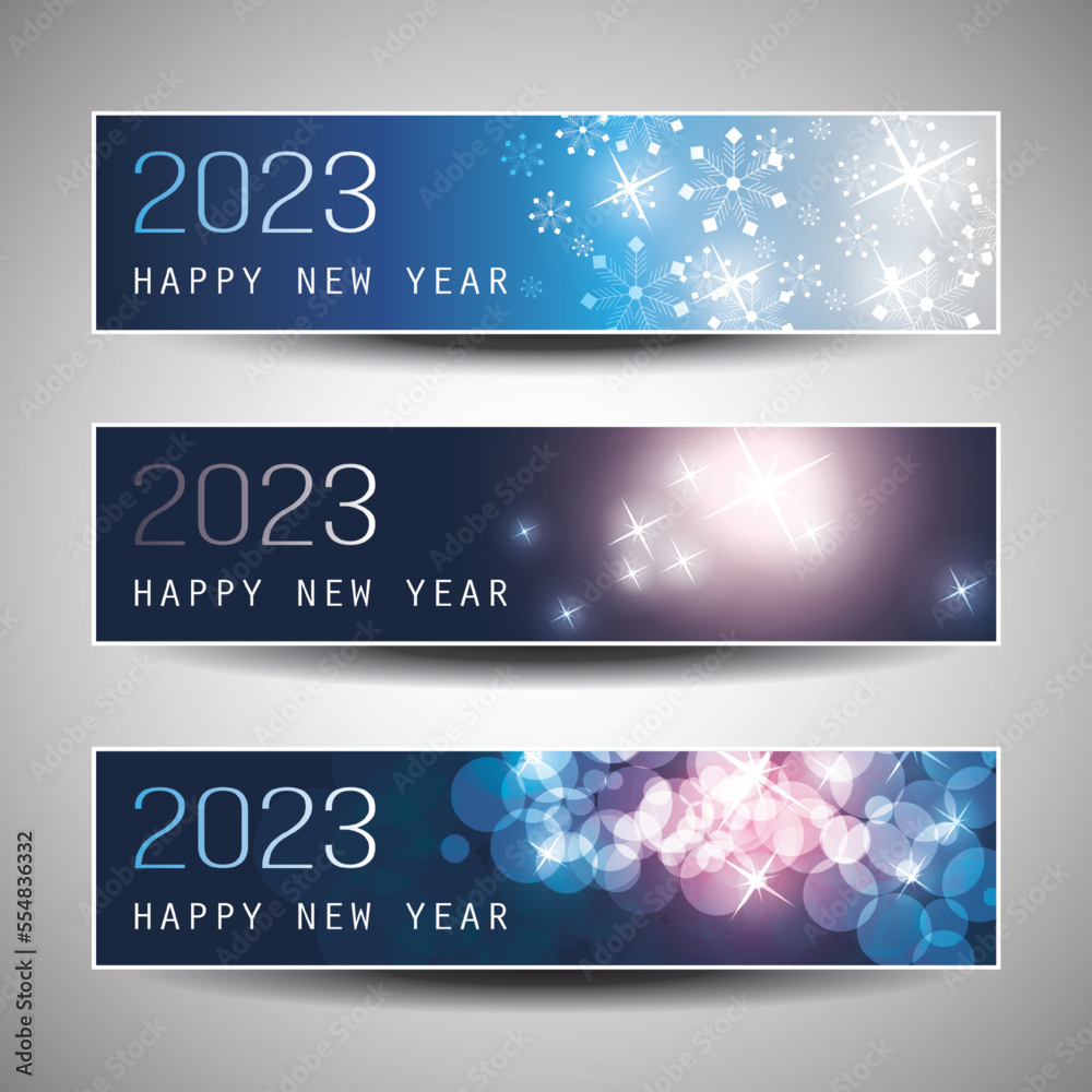 Set of Horizontal Sparkling Ice Cold Christmas, Happy New Year Headers or Web Banners Design - 2023