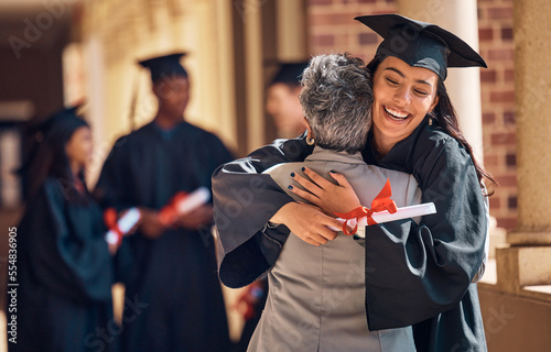 Stampa su tela Hug, graduation and graduate, women and education achievement, success on university campus and certificate with academic goals reached