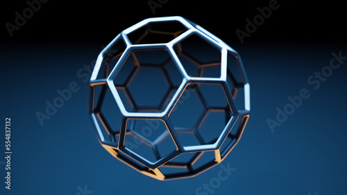 Buckminsterfullerene C60 Molecule model, allotrope of fullerene carbon atoms, round sphere with hexagonal rings or mesh, molecular 3D illustration