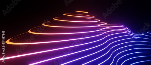 Neon abstract flowing rings or bands, virtual background, digital technology, science or data concept, futuristic retro wave visualization 3D render illustration