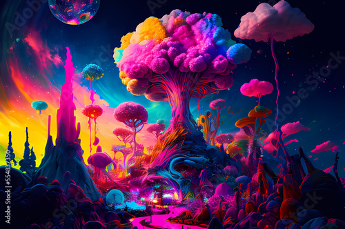 Fluorescent Dreamy Mystical colorful glowing fantasy world Imagination of start of mind