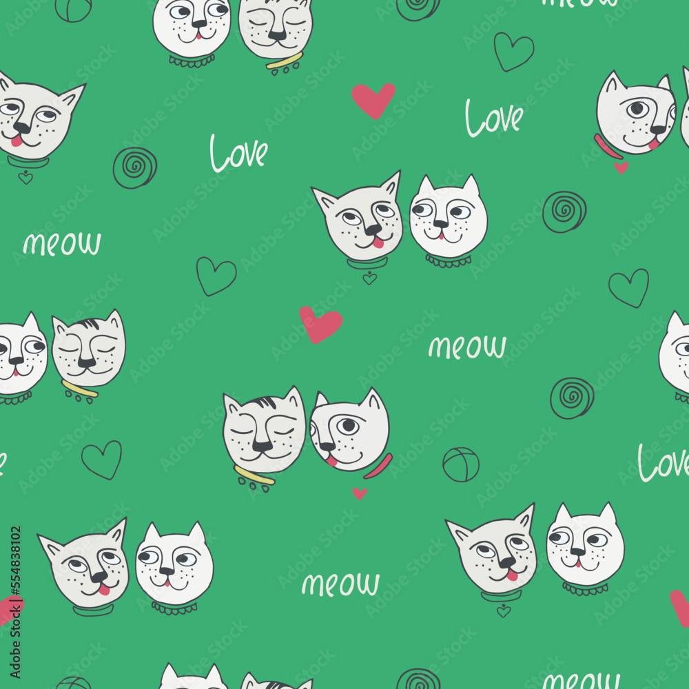 Seamless pattern with funny cat, signature meow and love and hearts. Valentine s day concept. Perfect for kids. Made of vector illustrations in cartoon, sketch style Seamless pattern with funny cat, signature meow and love and hearts. Valentine s day concept. Perfect for kids. Made of vector illustrations in cartoon, sketch style