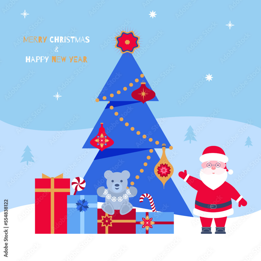 Vector illustration of Merry Christmas and Happy New Year greeting card. Flat, geometric design with Christmas tree, toys, gifts, Santa Claus. Template for congratulations and invitations.
