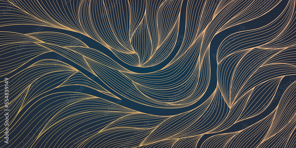 Vector abstract luxury golden wallpaper, wavy line art background. Line design for interior design, textile patterns, textures, posters, package, wrappers, gifts etc. Japanese style.