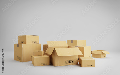 Set of parcels isolated on white background.Cardboard boxes for packing and transportation.Concept for shopping online,e-commerce.3d rendering