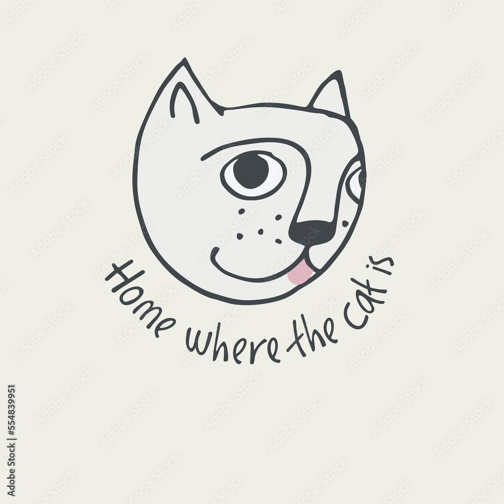 Print with funny cat, lettering Home where the cat is . Perfect for kids. Made of vector illustrations in cartoon, sketch style Print with funny cat, lettering Home where the cat is . Perfect for kids. Made of vector illustrations in cartoon, sketch style