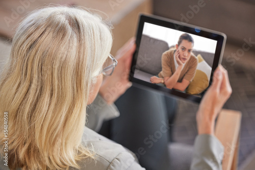 Video call, tablet or woman for digital therapy, webinar consulting or zoom call with customer, patient or client. Tech, psychology or consultant for support, divorce help or mental health and stress