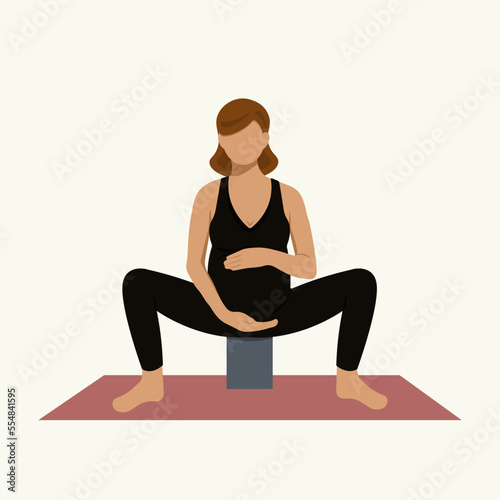 Faceless style vector illustration depicting a pregnant woman doing yoga