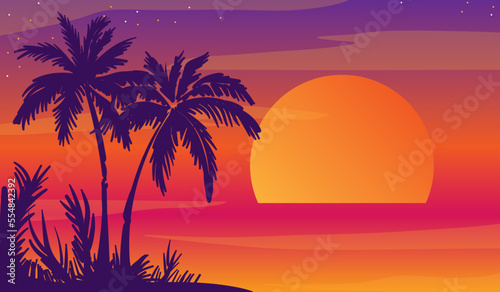 Cartoon flat panoramic landscape, sunset with the palms on colourful background. Vector illustration. © Lidiia