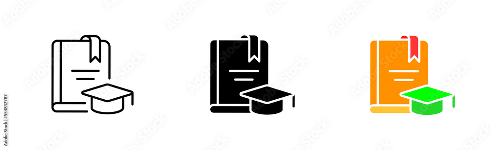 Textbook with education hat set icon. University, teacher, ebook, distance learning, student, lecture, couple. Learning concept. Vector icon in line, black and colorful style on white background Textbook with education hat set icon. University, teacher, ebook, distance learning, student, lecture, couple. Learning concept. Vector icon in line, black and colorful style on white background