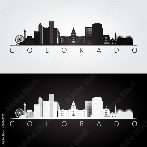 Colorado state skyline and landmarks silhouette, black and white design. Vector illustration.