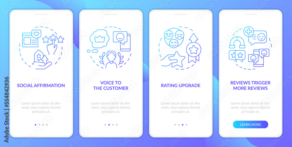 Importance of online reviews blue gradient onboarding mobile app screen. Walkthrough 4 steps graphic instructions with linear concepts. UI, UX, GUI template. Myriad Pro-Bold, Regular fonts used