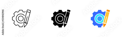Pen with gears set icon. Control panel, cube, scroll, book, instruction, website, tune, install, adjust, configuration file. Technology concept.Vector icon in line, black and colorful style