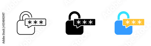 Locks for personal data protection set icon. Password, warning sign, key, phone, unlock, cursor, security system, gear, shield. Privacy concept. Vector icon in line, black and colorful style