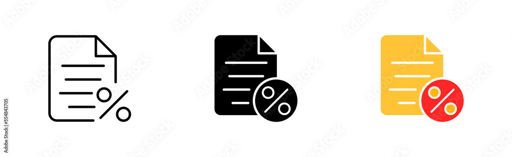 File with percent set icon. Information, text document, discount, pdf, private, book, note, paid information. Data set concept. Vector icon in line, black and colorful style on white background File with percent set icon. Information, text document, discount, pdf, private, book, note, paid information. Data set concept. Vector icon in line, black and colorful style on white background