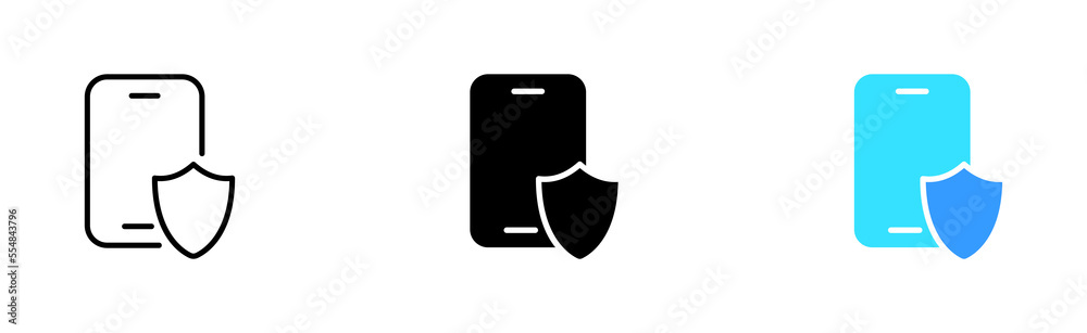Phone wirh shield set icon. Personal data protection, safety, lock, security system, antivirus, antihacking. Privacy concept. Vector icon in line, black and colorful style on white background Phone wirh shield set icon. Personal data protection, safety, lock, security system, antivirus, antihacking. Privacy concept. Vector icon in line, black and colorful style on white background
