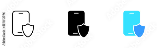 Phone wirh shield set icon. Personal data protection, safety, lock, security system, antivirus, antihacking. Privacy concept. Vector icon in line, black and colorful style on white background