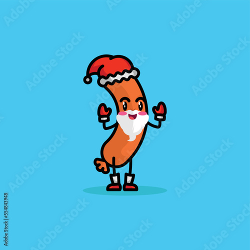 Cute delicious sausage in christmas theme. icon vector cartoon kawaii character illustration. breakfast concept design