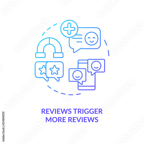 Reviews trigger more reviews blue gradient concept icon. Sharing on social media. Customer feedback reason abstract idea thin line illustration. Isolated outline drawing. Myriad Pro-Bold font used
