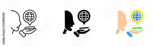 Man with translator line icon. Translate site into your language, show original, select language, polyglot. Versionist concept. Vector icon in line, black and colorful style on white background