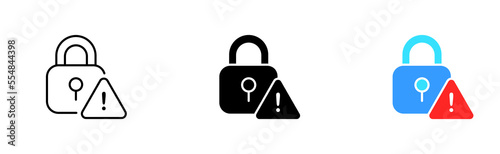Locks for personal data protection set icon. Password, warning sign, key, synchronization, graphic key, unlock, cursor, security system, gear, shield. Vector icon in line, black and colorful style