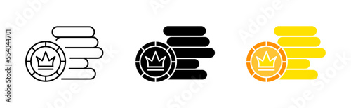 Stack of coin set icon. Spades, hearts, diamonds, clubs, gamble, game of chance, play, bet, deck, casino. Gambling concept. VVector icon in line, black and colorful style on white background