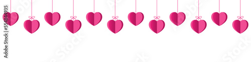 Hanging hearts garland.Pink 3d paper hearts .Set of simple hearts.Valentine's Day seamless pattern. Hearts garland isolated on a transparent background. Valentine's day decoration.