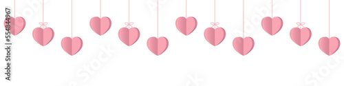 Hanging hearts garland.Pink 3d paper hearts .Set of simple hearts.Valentine's Day seamless pattern. Hearts garland isolated on a transparent background. Valentine's day decoration.