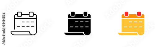 Loose leaf calendar set icon. Time management, planned trips, birthdays, weekends, black friday, sale day, reminder, add an event. Vector icon in line, black and colorful style on white background