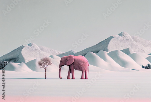 Pink elephant in a minimalist winter landscape
