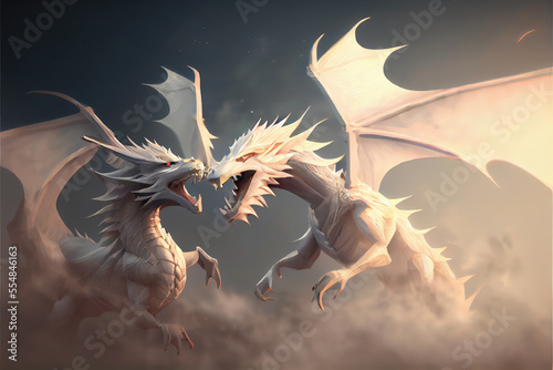 Two white dragons flying in the sky
