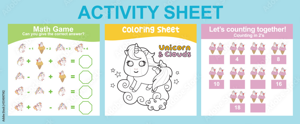 3 in 1 Activity Sheet for children. Educational printable worksheet for preschool. Coloring and counting activity. Vector illustrations. 3 in 1 Activity Sheet for children. Educational printable worksheet for preschool. Coloring and counting activity. Vector illustrations.