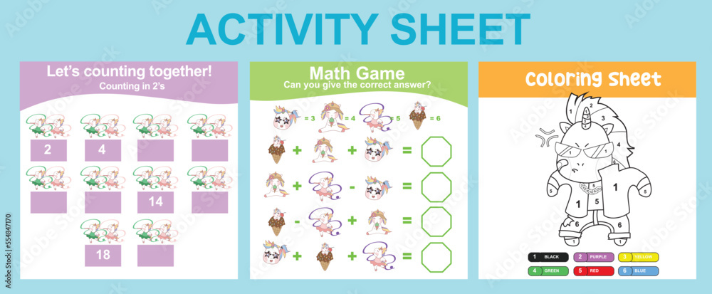 3 in 1 Activity Sheet for children. Educational printable worksheet for preschool. Coloring and counting activity. Vector illustrations. 3 in 1 Activity Sheet for children. Educational printable worksheet for preschool. Coloring and counting activity. Vector illustrations.