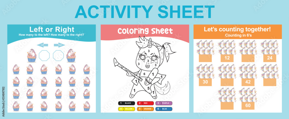 3 in 1 Activity Sheet for children. Educational printable worksheet for preschool. Coloring and counting activity. Vector illustrations. 