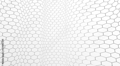 Technology vector abstract background with hexagons mesh, 3D abstraction of nanotechnology and science, electronics and digital style, wire net dimensional perspective.