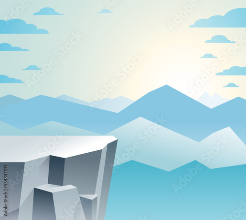 Beautiful mountain landscape with setting sun in the evening, sundown over peak scenic nature vector illustration, tranquil calm image for relaxing.