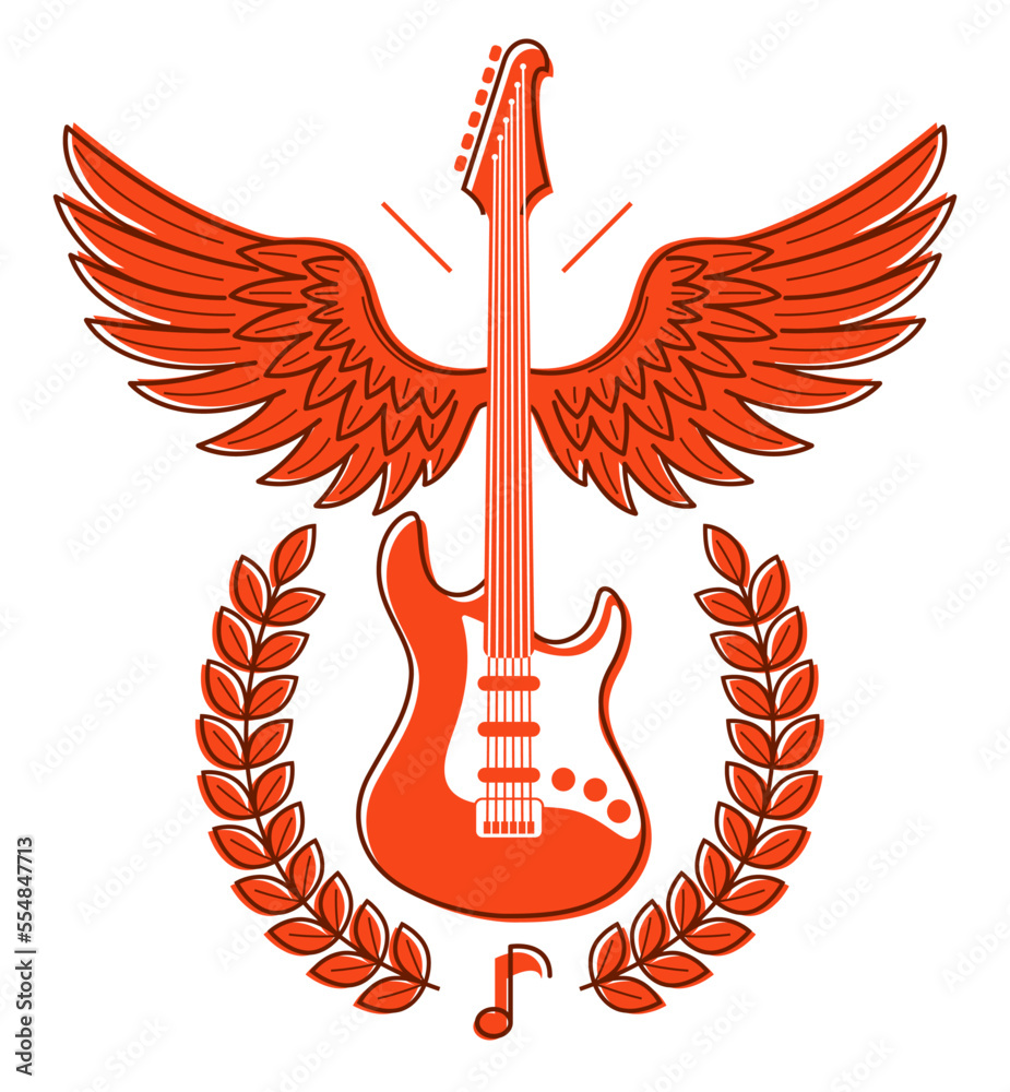 Electric guitar with wings vector emblem for festival or concert or