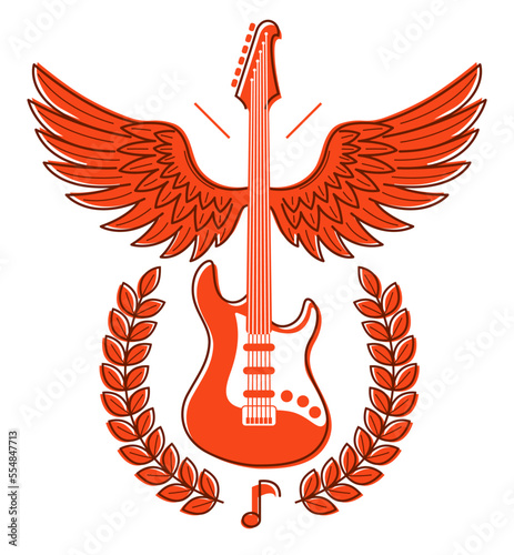 Electric guitar with wings vector emblem for festival or concert or player isolated on white, live music theme, logo for musical recording label, instruments shop.