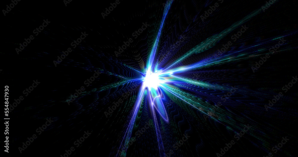 Abstract tunnel background with bright beautiful blue light glowing iridescent energy magical stripes and lines