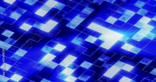 Abstract background of blue shiny mirror iridescent squares and rectangles digital hi-tech