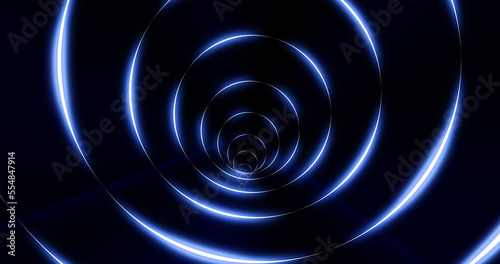 Tunnel of round blue glowing bright neon rings. Abstract background