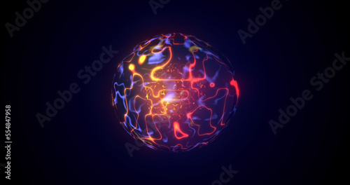 A round planet with a molten core in the center in space, a star sphere with a fiery magical luminous energy field from plasma. Abstract background
