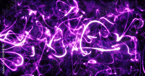 right wavy flying glowing neon purple beautiful lines stripes and particles futuristic hi-tech scientific. Abstract background, screensaver © Bolbik
